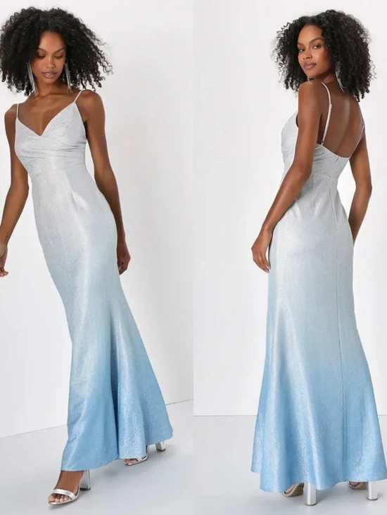 NWT Lulus Ombre Lurex Maxi Dress Blue Silver Glitter Formal Prom Small - Picture 1 of 11